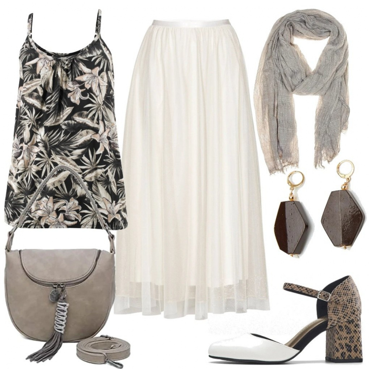 Outfit donna - Sui toni dell\'Ecru. Stile Casual per Tutti i giorni. Abbinamento con top, gonne, décolleté, sciarpe, orecchini, borse a tracolla.