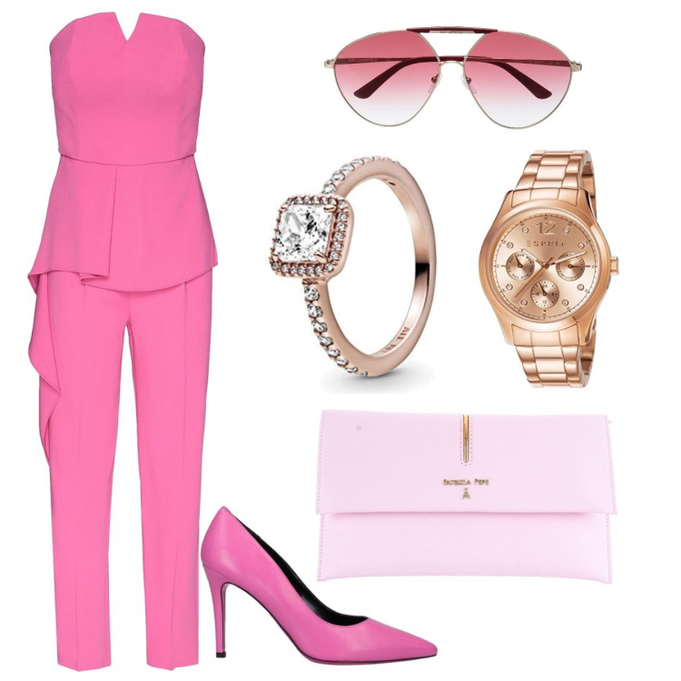 Outfit donna - Cerimonia di giorno. Stile Chic per Cerimonia. Abbinamento con décolleté, tute, occhiali da sole, orologi, pochette, anelli.