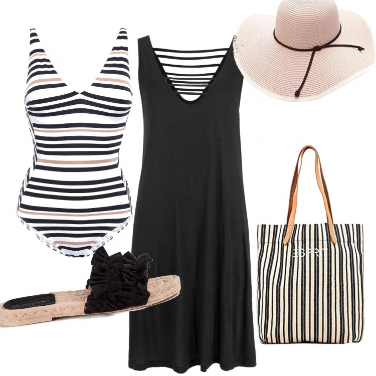 Outfit donna - On the beach. Stile Basic per Mare. Abbinamento con vestiti da spiaggia, costumi interi, sandali, shopping bag, cappelli.