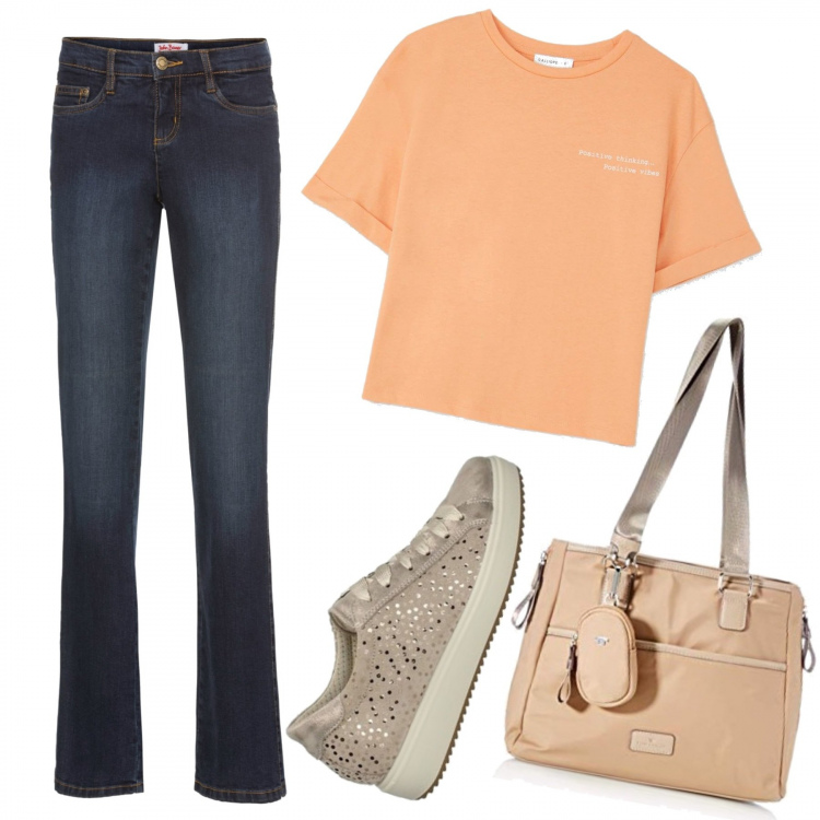 Outfit donna - 788- albicocca sui jeans. Stile Casual per Scuola/Università. Abbinamento con jeans bootcut, sneakers, t-shirt, shopping bag.