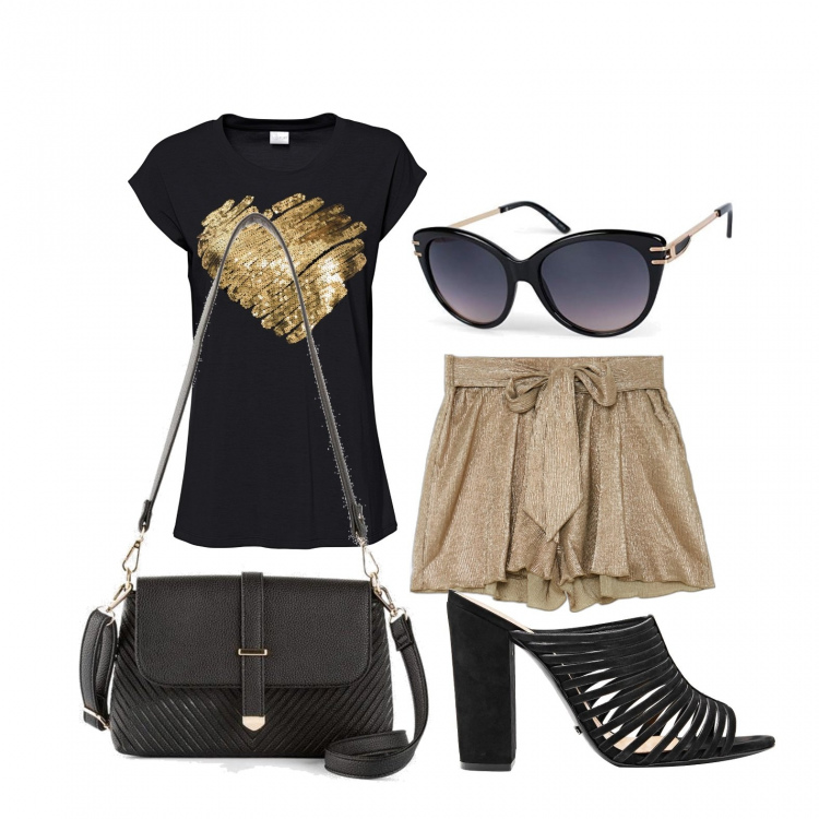 Outfit donna - Gli shorts dorati. Stile Glamour per Tutti i giorni. Abbinamento con maglieria, borse a mano, sandali col tacco, shorts, occhiali da sole.