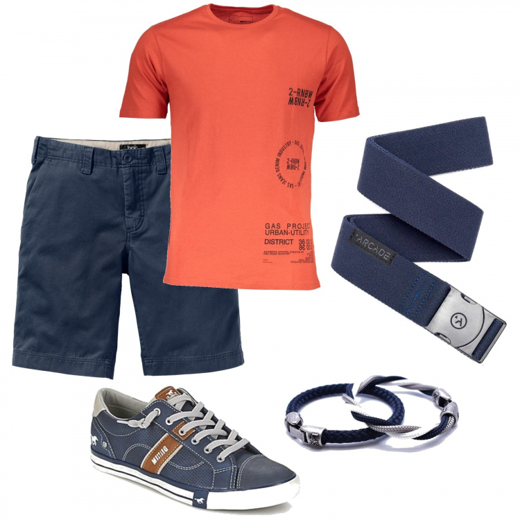 Outfit uomo - Look informale. Stile Casual per Tutti i giorni. Abbinamento con bermuda, braccialetti, t-shirt, sneakers, cinture.