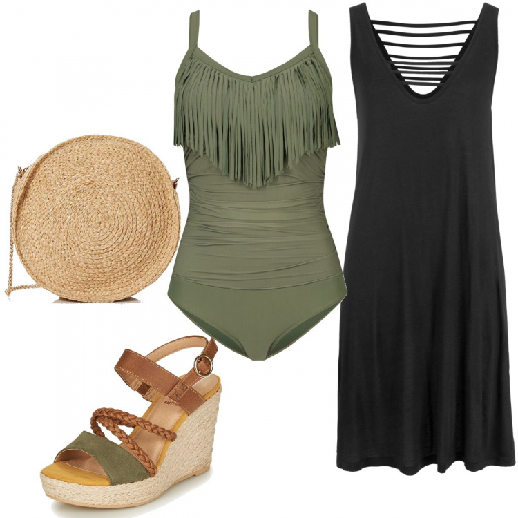 Outfit donna - 70s #50. Stile 70s per Mare. Abbinamento con vestiti da spiaggia, costumi interi, sandali, borse a spalla.