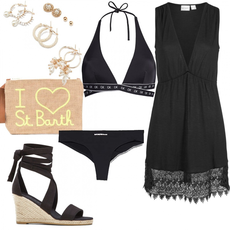Outfit donna - Casual #424. Stile Casual per Mare. Abbinamento con vestiti da spiaggia, sandali, costumi, orecchini, clutch, bikini.