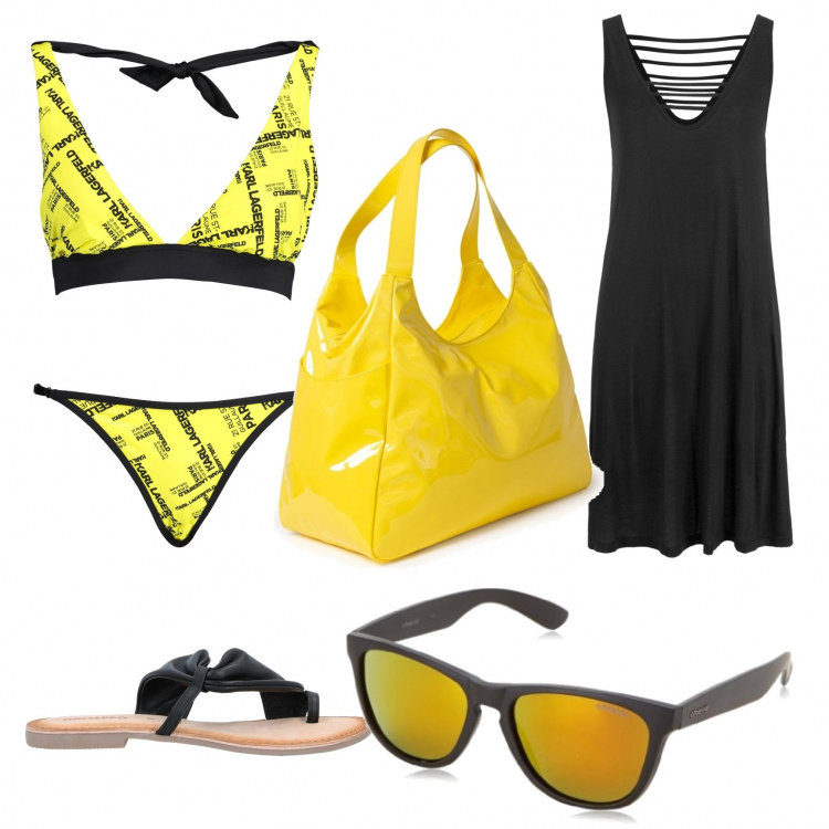 Outfit donna - Mare. Stile Glamour per Mare. Abbinamento con vestiti da spiaggia, infradito, shopping bag, costumi, costumi, occhiali da sole.
