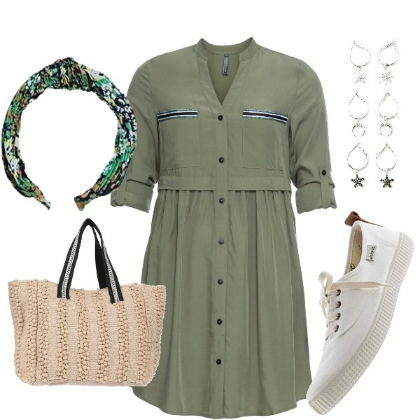 Outfit donna - In ufficio prima delle ferie. Stile Basic per Ufficio. Abbinamento con vestiti chemisier, borse a mano, orecchini, scarpe stringate, cerchietti.