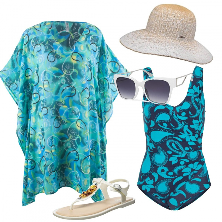Outfit donna - Total look #1080713. Abbinamento con costumi interi, vestiti da spiaggia, infradito, cappelli, occhiali da sole.