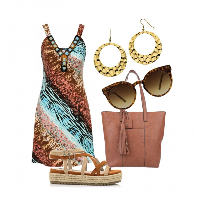 Outfit donna - Mood africano. Stile Etnico per Tutti i giorni. Abbinamento con vestiti, borse a mano, sandali, orecchini, occhiali da sole.