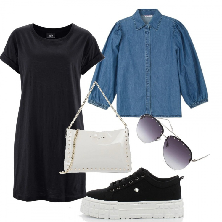 Outfit donna - T-shirt lunga + giacca di jeans. Stile Sporty chic per Tutti i giorni. Abbinamento con t-shirt, borse a tracolla, shorts, camicie, sneakers, occhiali da sole.