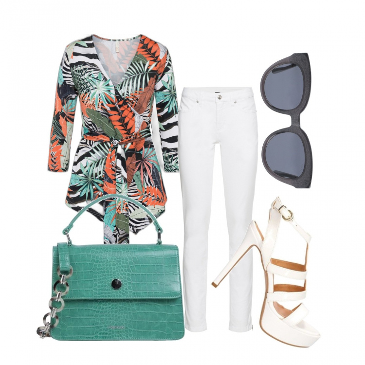 Outfit donna - Jungle in the city. Stile Urban per Tutti i giorni. Abbinamento con jeans skinny, maglieria, borse a mano, occhiali da sole, décolleté.