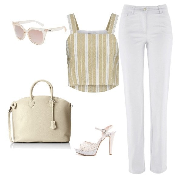 Outfit donna - Beige e bianco. Stile Trendy per Tutti i giorni. Abbinamento con pantaloni, occhiali da sole, sandali, borsa a mano beige, top senza maniche cropped beige.
