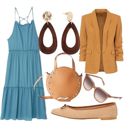 Outfit donna - Ufficio easy. Stile Casual chic per Scuola/Università. Abbinamento con ballerine, giacche, orecchini, vestiti lunghi, occhiali da sole, borse a tracolla.