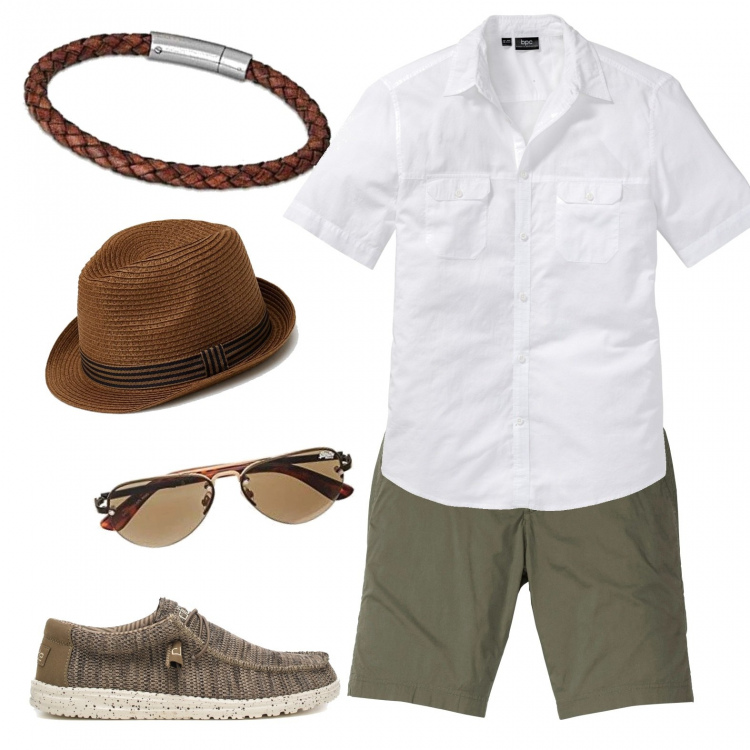 Outfit uomo - Total look #1080962. Stile Trendy per Tutti i giorni. Abbinamento con camicie a manica corta, bermuda, cappelli, scarpe stringate, occhiali da sole, braccialetti.
