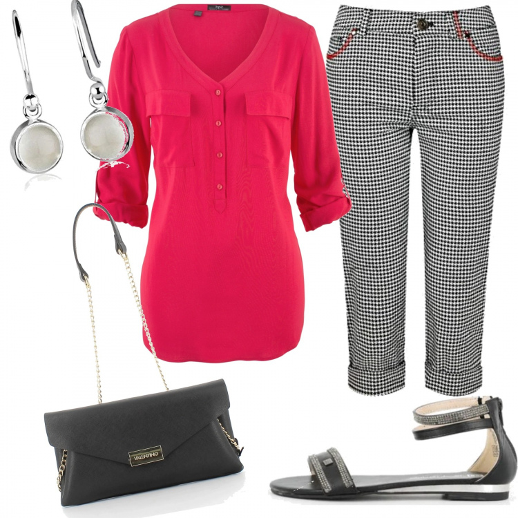 Outfit donna - 806- scacco matto. Stile Bon Ton per Serata fuori. Abbinamento con bluse, sandali, clutch, pantaloni capri, orecchini.