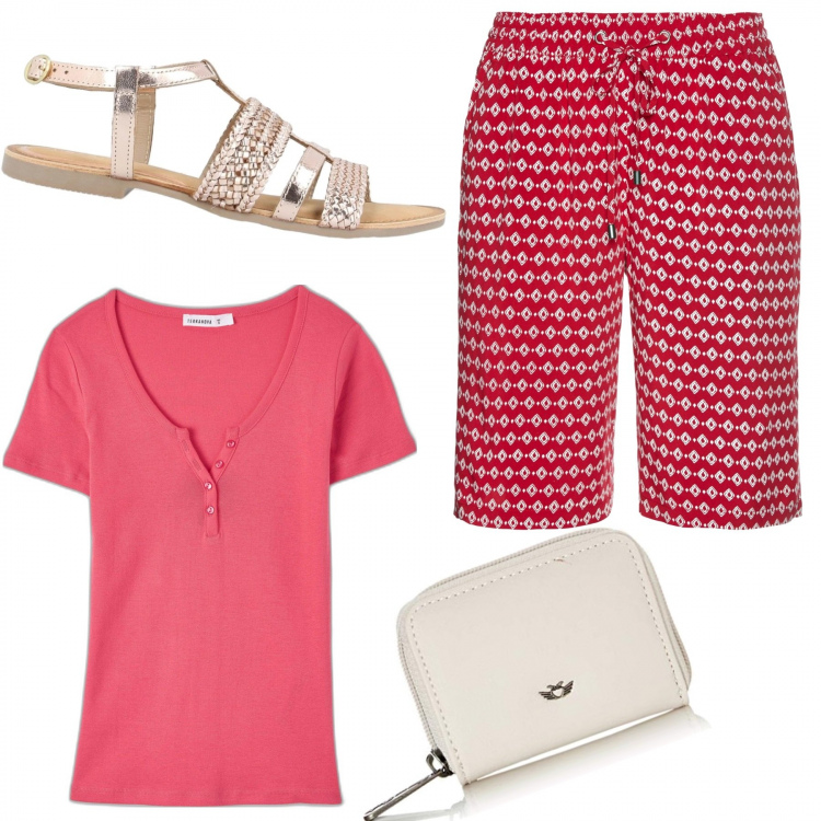 Outfit donna - 807- fragolina. Stile Casual per Tutti i giorni. Abbinamento con sandali, pantaloni corti, t-shirt, portafogli.