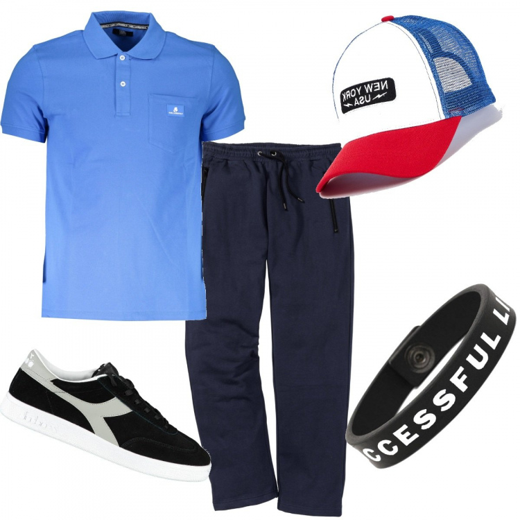 Outfit uomo - Total look #1081007. Stile Casual per Tutti i giorni. Abbinamento con pantaloni, cappelli con visiera, braccialetti, polo, sneakers.