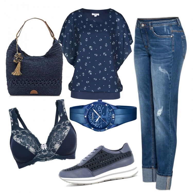 Outfit donna - Total blu curvy. Stile Basic per Tutti i giorni. Abbinamento con bluse, jeans, reggiseni, sneakers, shopping bag, orologi analogici.