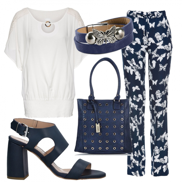 Outfit donna - Lunedì bianco e blu. Stile Basic per Ufficio. Abbinamento con bluse, pantaloni a palazzo, braccialetti, sandali col tacco, shopping bag.