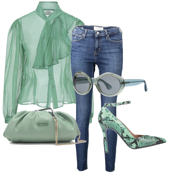 Outfit donna - Green look. Stile Casual chic per Serata fuori. Abbinamento con camicie, décolleté, occhiali da sole, borse a tracolla, jeans skinny.