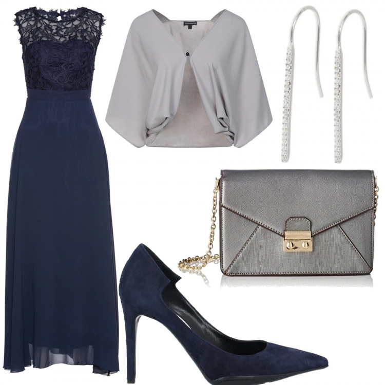 Outfit donna - Cerimonia serale. Stile Chic per Cerimonia. Abbinamento con vestiti lunghi, bolero, décolleté, orecchini, pochette.