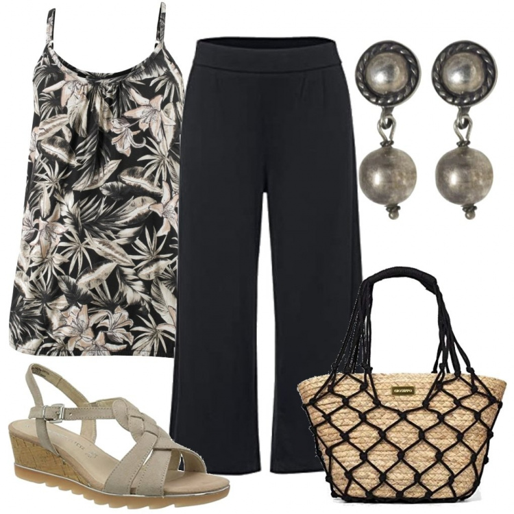 Outfit donna - L\'eleganza del semplice. Stile Basic per Tutti i giorni. Abbinamento con top, orecchini, pantaloni culotte, sandali, borse a spalla.