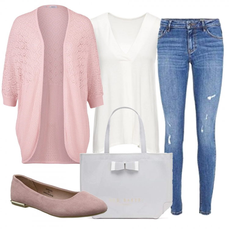 Outfit donna - Cardigan e ballerine rosa. Stile Romantica per Tutti i giorni. Abbinamento con top, cardigans, ballerine, jeans skinny, borse a mano.