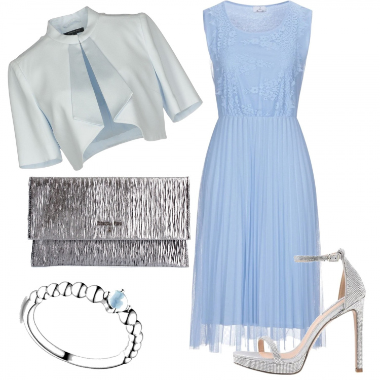 Outfit donna - Cerimonia in azzurro. Stile Chic per Cerimonia. Abbinamento con sandali col tacco, vestiti midi/longuette, blazer, pochette, anelli.
