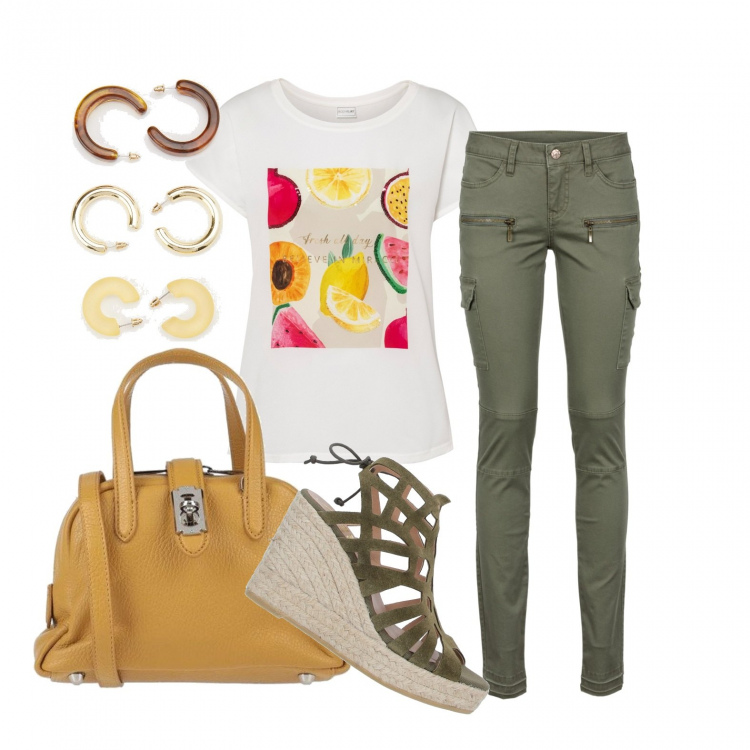 Outfit donna - Macedonia sulla t-shirt. Stile Basic per Tutti i giorni. Abbinamento con pantaloni cargo, pullovers, sandali col tacco, borse a mano, orecchini.