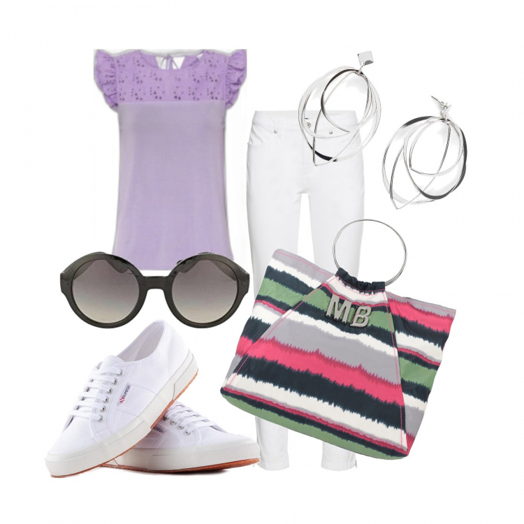 Outfit donna - A giugno in centro. Stile Basic per Tutti i giorni. Abbinamento con jeans skinny, top, jeans dritti, borse a mano, sneakers, occhiali da sole.
