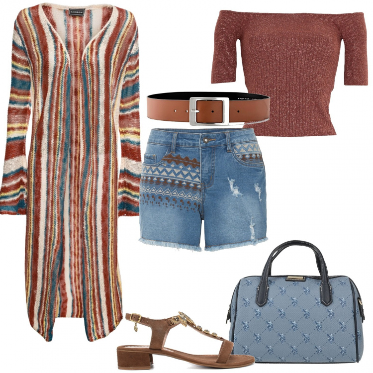 Outfit donna - Cardigan lungo su shorts. Stile Mannish per Serata fuori. Abbinamento con cardigans, cinture, shorts, pullovers, borse a mano, sandali col tacco.