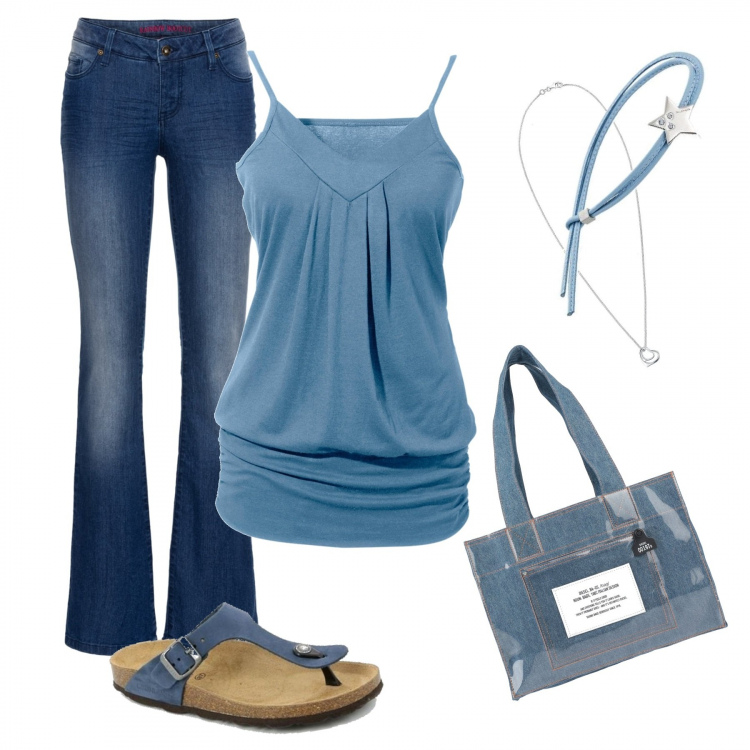 Outfit donna - Quotidianità. Stile Basic per Tutti i giorni. Abbinamento con top, jeans bootcut, borse a spalla, infradito, braccialetti, ciondoli.