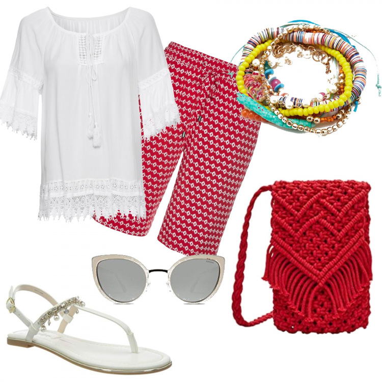 Outfit donna - Sandali bassissimi. Stile 70s per Tutti i giorni. Abbinamento con pantaloni corti, tuniche, braccialetti, borse a tracolla, sandali gioiello, occhiali da sole.