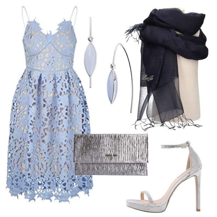 Outfit donna - Cerimonia in Grigio e Azzurro. Stile Glamour per Cerimonia. Abbinamento con sandali col tacco, sciarpe, vestiti, pochette, orecchini.