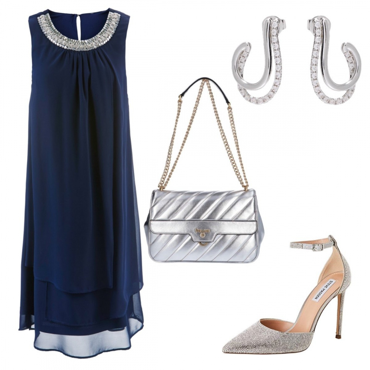 Outfit donna - Nozze di sera. Stile Chic per Cerimonia. look ideale per Petite. Abbinamento con vestiti, orecchini, borse a tracolla, décolleté.