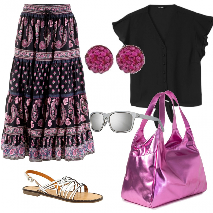 Outfit donna - Con la borsa rosa. Stile Etnico per Tutti i giorni. Abbinamento con gonne lunghe, sandali in pelle, shopping bag, camicie a manica corta, orecchini, occhiali da sole.