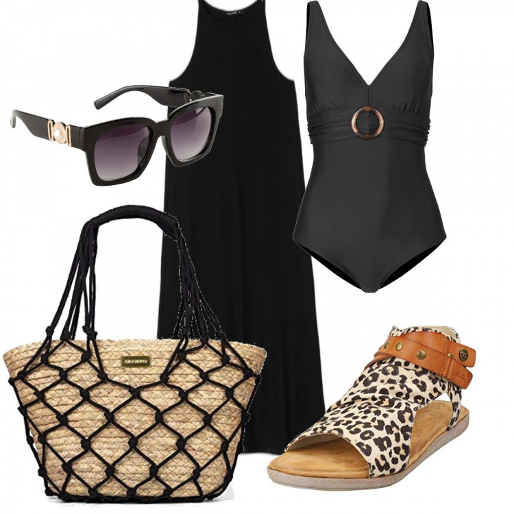Outfit donna - In spiaggia.. Stile Etnico per Mare. Abbinamento con costumi interi, occhiali da sole, vestiti lunghi, sandali, borse a spalla.