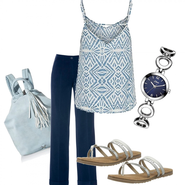 Outfit donna - Effeci casual chic. Stile Casual chic per Tutti i giorni. Abbinamento con pantaloni, canottiere, sabot, zaini, orologi.