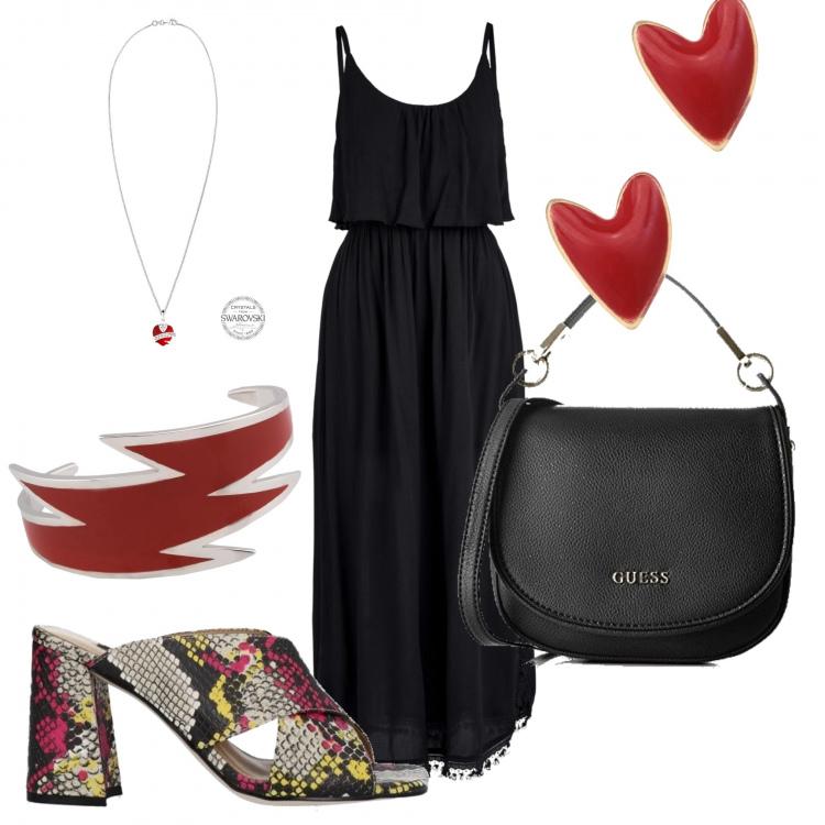 Outfit donna - Stasera trafiggo I cuori. Stile Glamour per Serata fuori. Abbinamento con vestiti midi/longuette, sandali col tacco, orecchini, braccialetti, borse a mano, ciondoli.