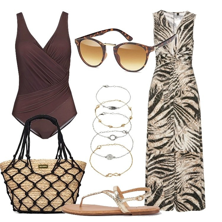 Outfit donna - Mare - Focus Donna Curvy & Plus Size. Stile Etnico per Mare. Abbinamento con costumi interi, vestiti lunghi, braccialetti con ciondoli, infradito, borse a spalla, occhiali da sole.