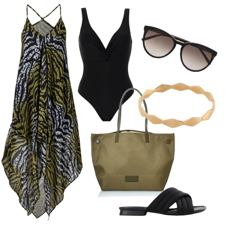 Outfit donna - Mare. Stile Casual chic per Mare. Abbinamento con vestiti da spiaggia, costumi interi, sandali, braccialetti, occhiali da sole, shopping bag.