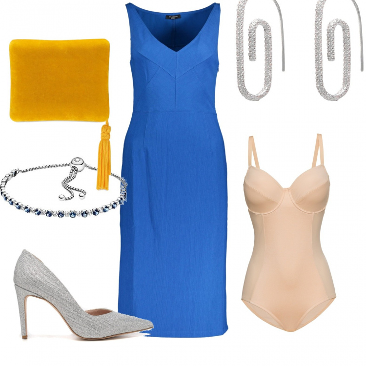 Outfit donna - Matrimoni. Stile Chic per Cerimonia. Abbinamento con body, orecchini, décolleté, vestiti corti, braccialetti, pochette.