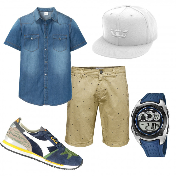 Outfit uomo - Total look #1082346. Stile Urban per Tutti i giorni. Abbinamento con camicie a manica corta, shorts, cappelli con visiera, sneakers, orologi digitali.