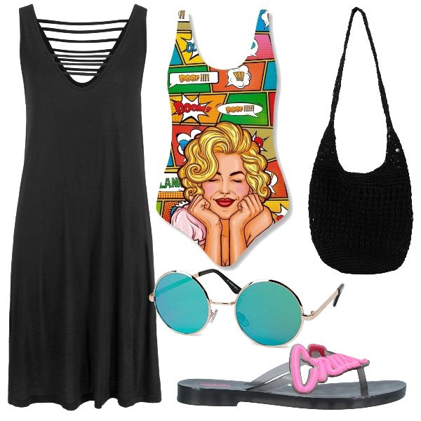 Outfit donna - Total look #1082358. Stile 70s per Mare. Abbinamento con vestiti da spiaggia, infradito, borse a tracolla, costumi interi, occhiali da sole.