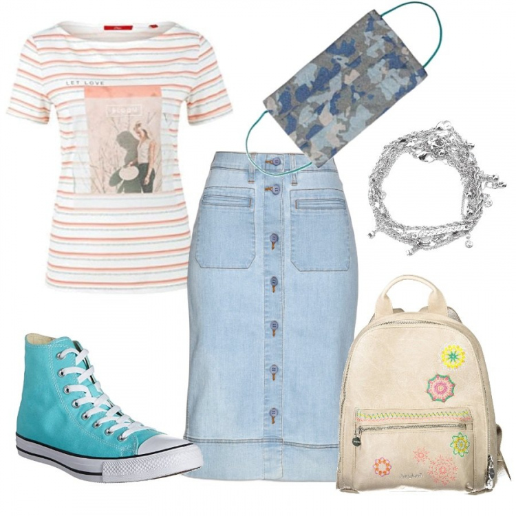 Outfit donna - Prendo la vesuviana. Stile Casual per Tutti i giorni. Abbinamento con gonne, braccialetti, sciarpe, sneakers, zaini, t-shirt.