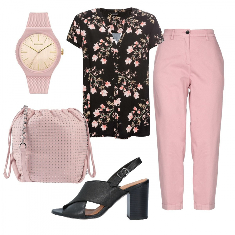 Outfit donna - Basic #24895. Stile Basic per Ufficio. Abbinamento con camicie a manica corta, pantaloni, sandali col tacco, borse a tracolla, orologi analogici.