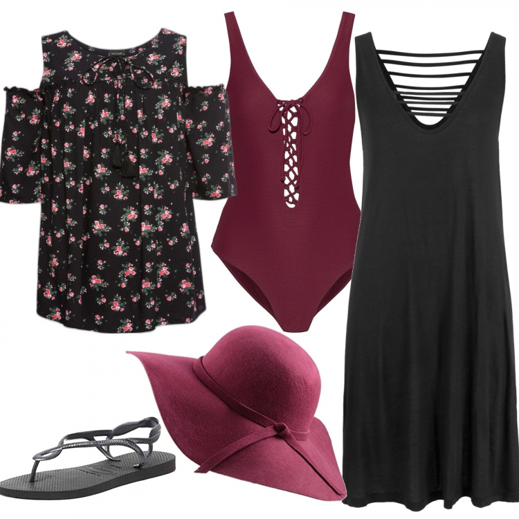 Outfit donna - Grande cappello. Stile Casual chic per Mare. Abbinamento con vestiti da spiaggia, bluse, costumi interi, infradito, cappelli.