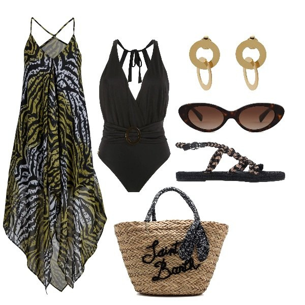 Outfit donna - Curvy and proud, mare!. Stile Etnico per Mare. Abbinamento con vestiti da spiaggia, sandali, orecchini, borse a mano, costumi interi, occhiali da sole.