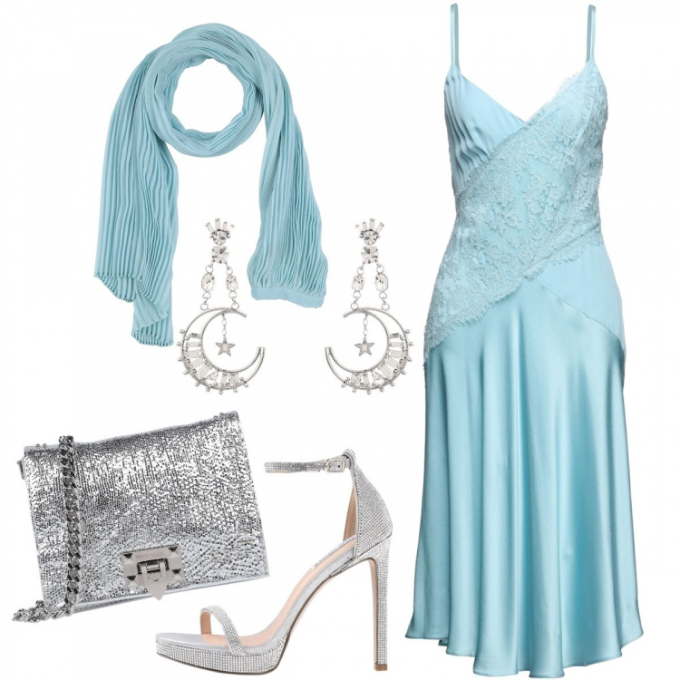 Outfit donna - Cerimonia in celeste. Stile Chic per Cerimonia. Abbinamento con sandali col tacco, vestiti midi/longuette, borse a tracolla, sciarpe, orecchini.