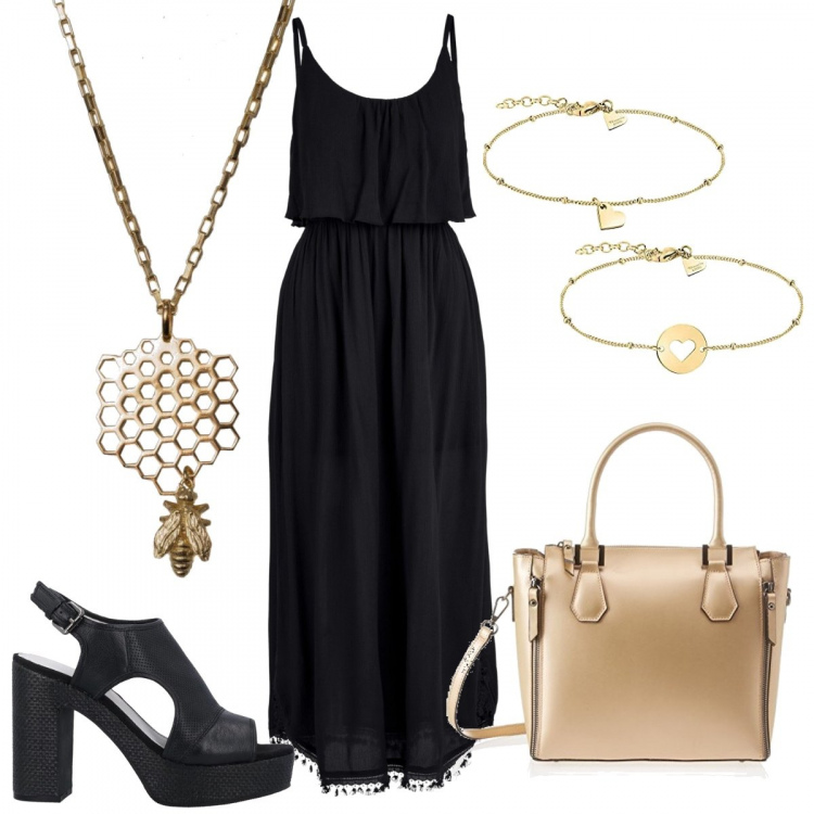 Outfit donna - Nero e oro. Stile Trendy per Serata fuori. Abbinamento con vestiti midi/longuette, sandali col tacco, collane, braccialetti, borse a spalla.