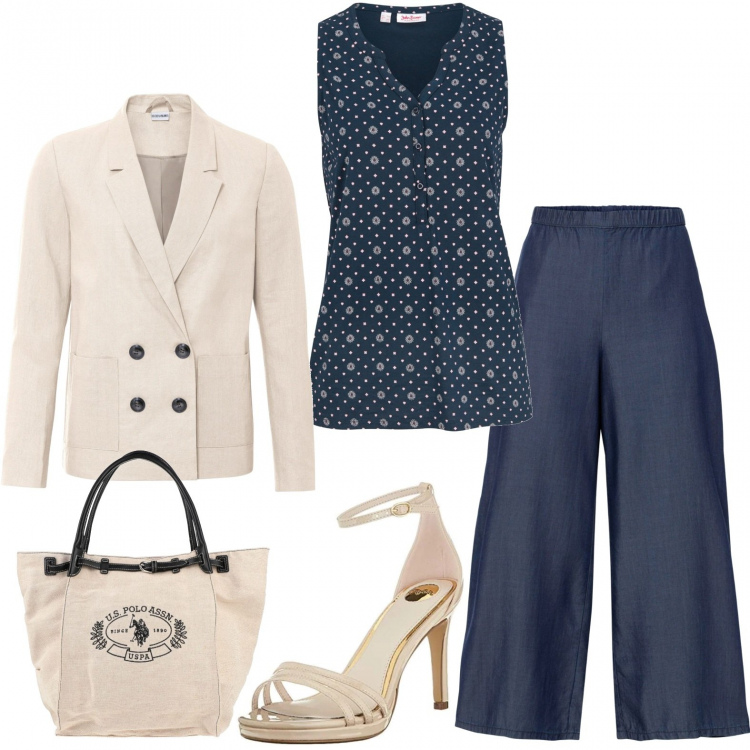 Outfit donna - Attendendo le ferie. Stile Casual chic per Ufficio. Abbinamento con top, pantaloni culotte, blazer, borse a mano, sandali col tacco.